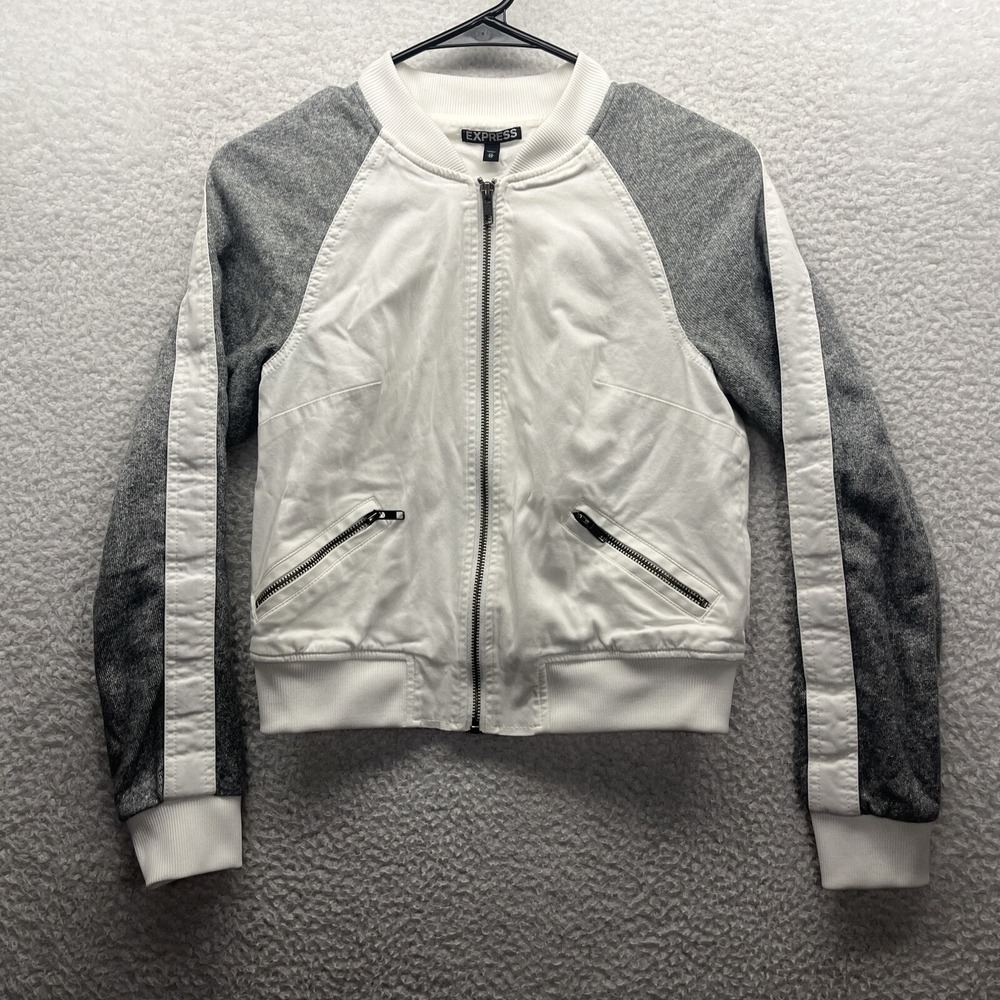 Express Jacket Womens XS White Gray Multi Zipper Cotton Bomber Canvas Moto Fit